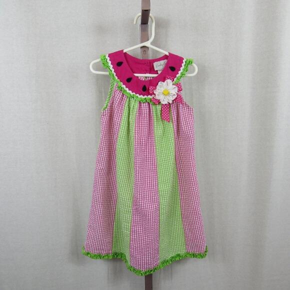 Emily Rose Girls Size 6 Watermelon Pink and Green Gingham Print Dress Ruffles - Picture 1 of 5
